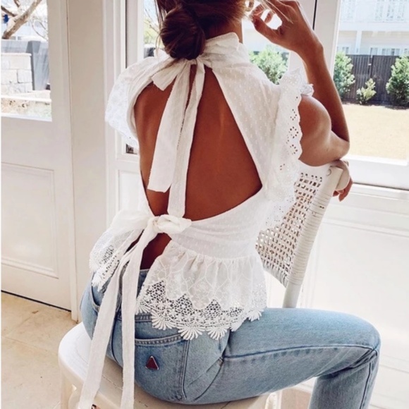 Tops - boho gypsy Open back ruffle detail white blouse